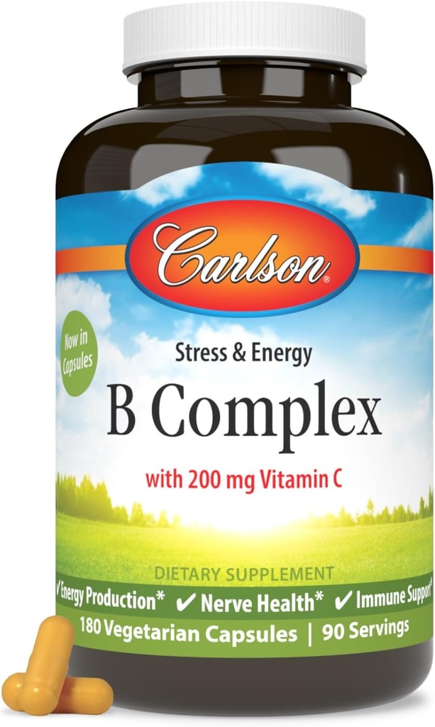 Carlson - Complexe B Vitamines équilibrées B avec vitamine C - Complexe de vitamine B pour les femmes et les hommes - 180 capsules végétariennes
