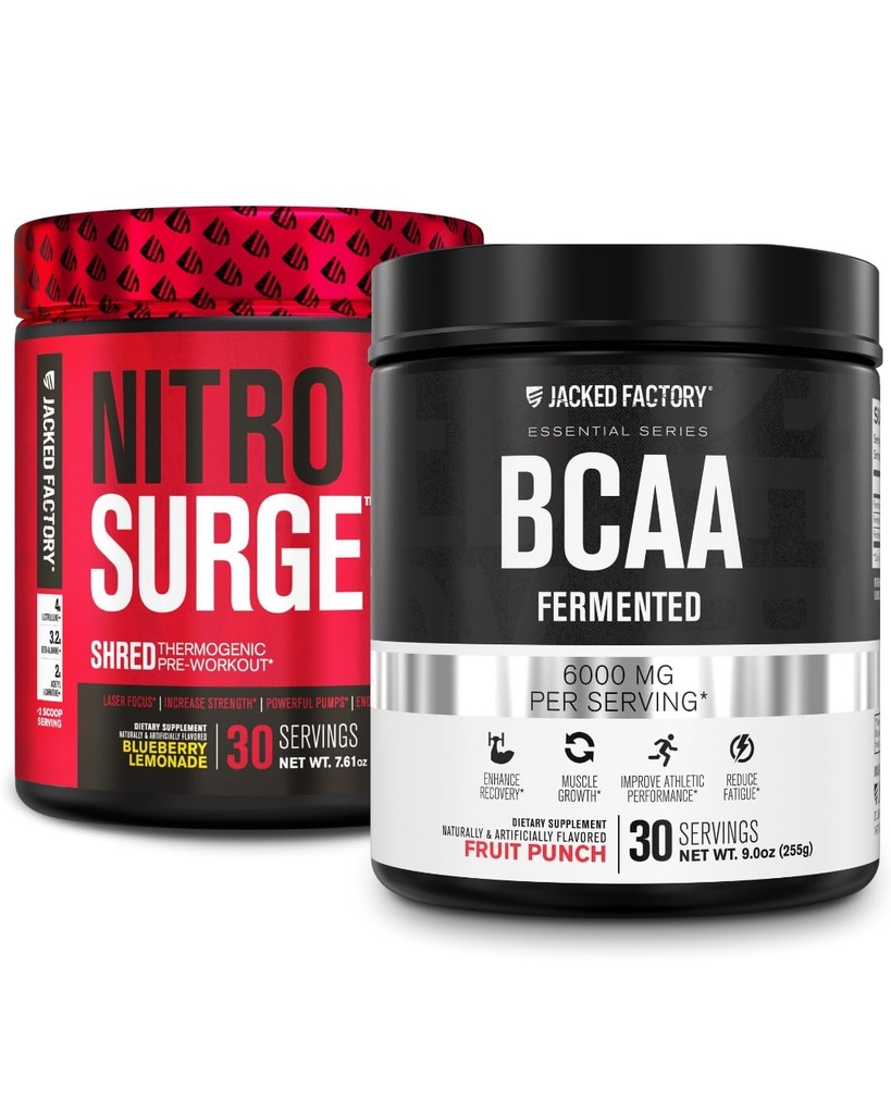 Jacked Factory Nitrosurge Shred Thermogenic PreWorkout in Blueberry Lemonade & BCAA in Fruit Punch für Body Recomposition, Muskelaufbau und Erholung