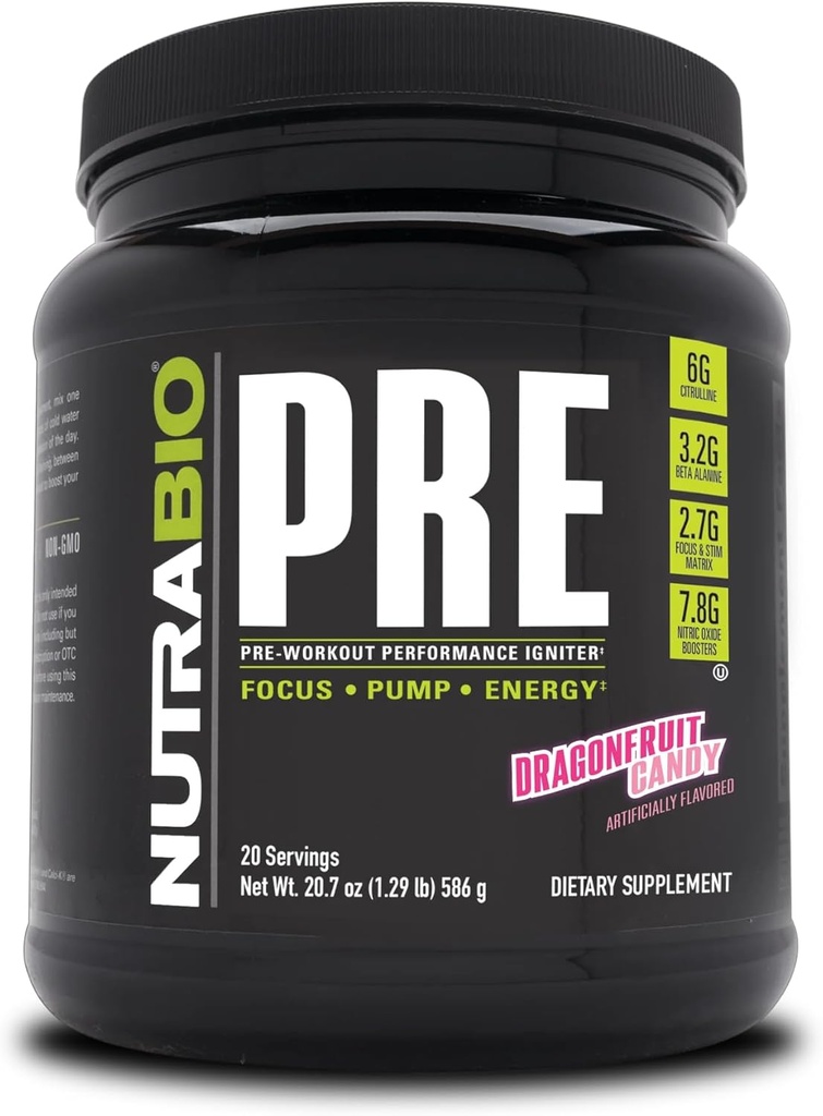 Poudre d'entraînement NutraBio PRE - Vieille formule-énergie soutenue, concentration mentale, endurance - Beta Alanine, créatine, caféine, électrolytes - 20 portions - Dragonfruit Candy