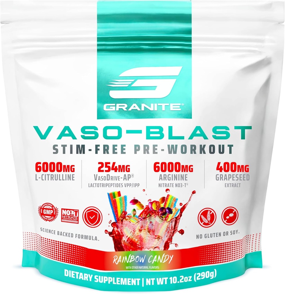 Granit ergänzt Vaso Blast, Rainbow Candy Flavor, Stimulant-Free Pre Workout für Männer und Frauen mit Grapeseed Extract, Arginine Nitrite, & VasoDrive-AP für Max Pump (20 Portionen)