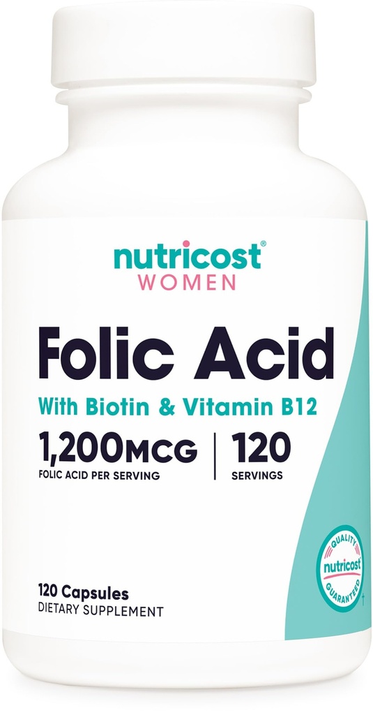 Acide folique Nutricost pour femmes (Vitamine B9) 1200 mcg, 120 Capsules, avec B12 et Biotine, Veggie Caps, Non-OGM et sans gluten