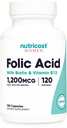 Acide folique Nutricost pour femmes (Vitamine B9) 1200 mcg, 120 Capsules, avec B12 et Biotine, Veggie Caps, Non-OGM et sans gluten