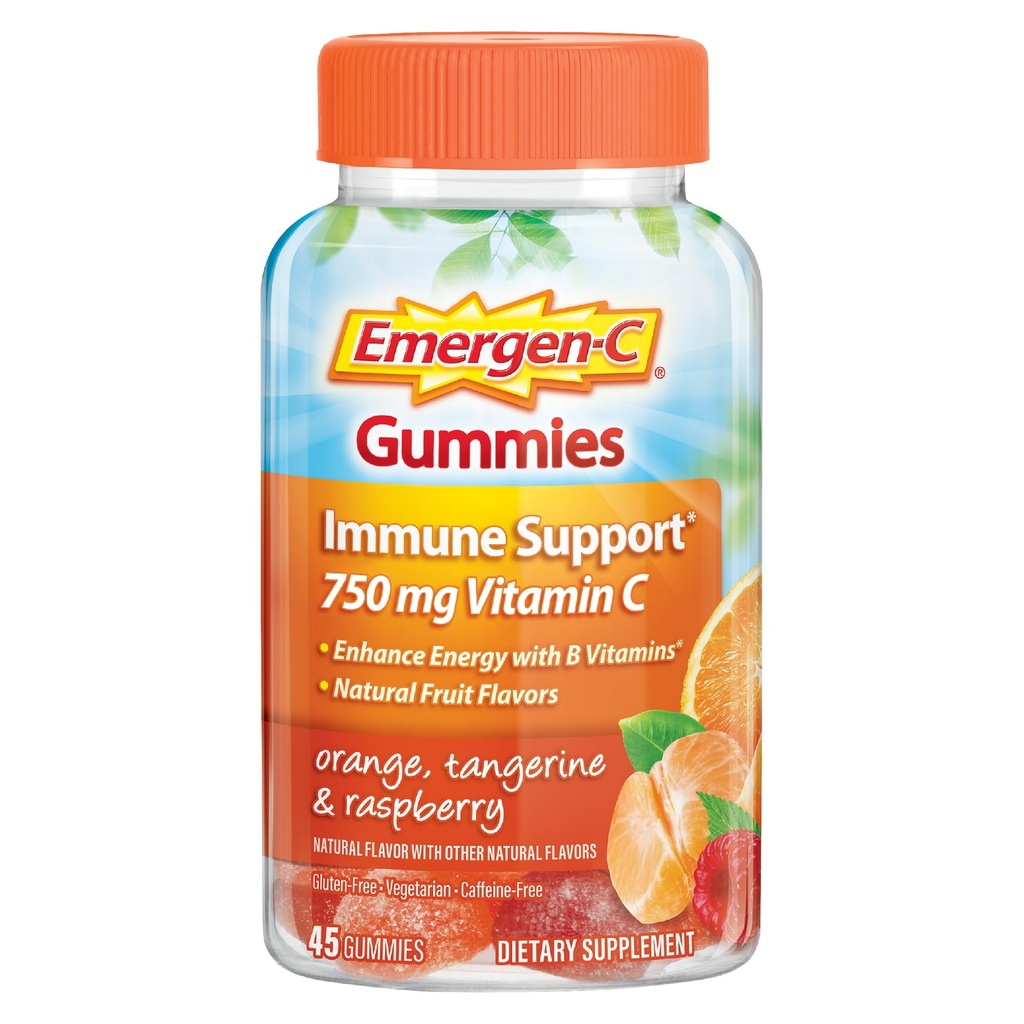 Emergen-C 750mg Vitamin C Gummi für Erwachsene, Immunität Gummis mit B Vitaminen, Glutenfrei, Orange, Tangerine und Himbeere Aromen, Zurück zu Schule Essentials - 45 Count