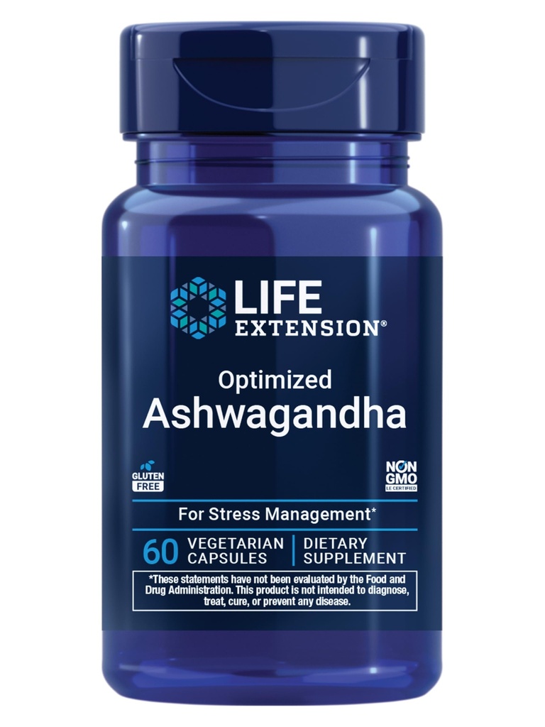 Life Extension Optimized Ashwagandha - Stressmanagement-Ergänzung für eine gesunde Stressreaktion, Fokus, Gedächtnis, Stress-Relief - Vegetarisch, Glutenfrei, Non-GMO, 60 Kapseln