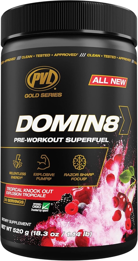 PVL Gold Series Domin8 | Pre-Workout Superfuel - Full dose Preworkout - 520 g - Tropical Knock Out