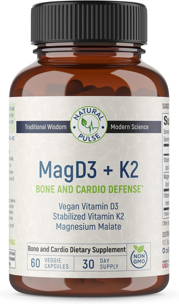 Magnesium Malat + Vegan Vitamin D3 + Stabilisiertes Vitamin K2, komplette Unterstützungsergänzung für Zellenergie, Herz-Kreislauf-, Immun- und Stoffwechsel-Gesundheit & Knochenstärke, 90 Veggie Caps