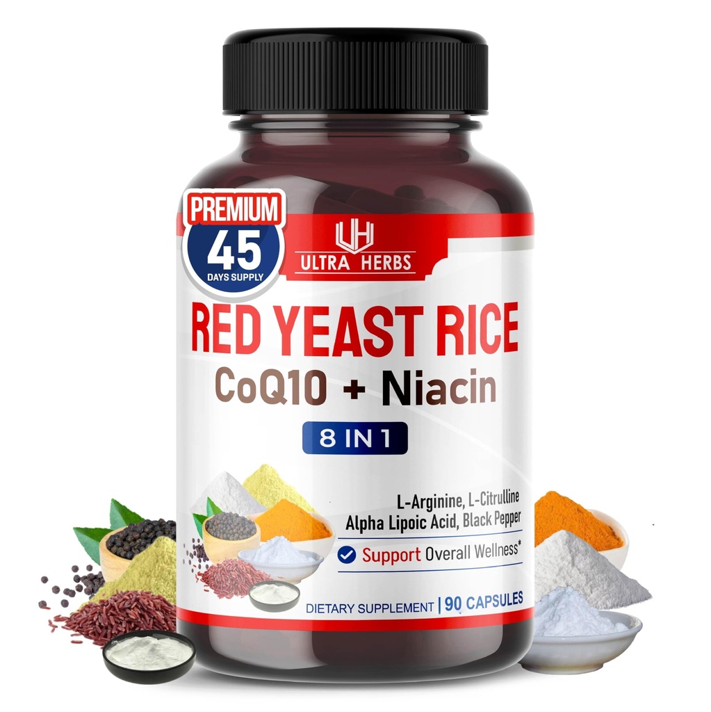 Riz de levure ultra-rouge CoQ10 - Promouvoir la santé globale avec la niacine, la L-arginine, la L-citrulline (90 comtes (paquet de 1))