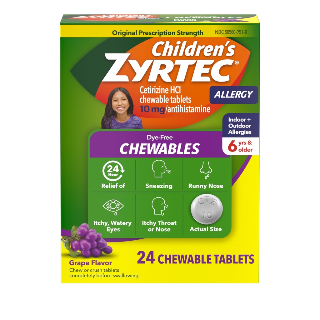 Zyrtec Chewables sans colorant pour les enfants 24 heures de soulagement de l'allergie, 10 mg de chlorhydrate de cétirizine Comprimés antihistaminiques, la médecine allergique pour les enfants soulage l'éternuement et la gorge de Itchy, raisin, 24 ct
