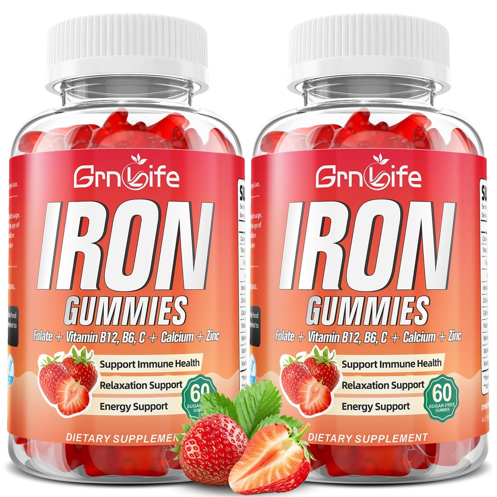 Eisengummis für Frauen, Männer & Kinder, Zuckerfreie Eisenergänzung mit Kalzium, Zink, Folat & Vitamin B12, C, B6 - für Blood Building & Energy Support, Anemia, Erdbeere, 120 Count