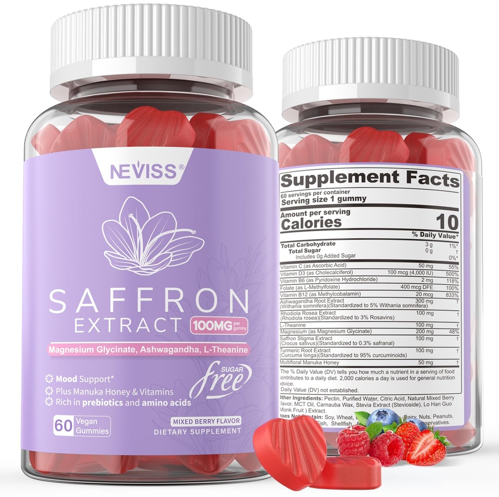 Saffron-Ergänzungen 100mg - 100% reiner Saffron-Extrakt mit Magnesium Glycinat, L-Theanin, Turmeric, Ashwagandha, Honey & Vitamin B-Komplex für Stimmung & Power, Antioxidans, Vitalität - 120 Zähler