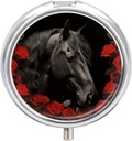 Black Horse on A Background of Red Roses Pill Case 3 Compartiment Portable Pill Box Daily Round Pill Organizer for Pocket Purse Daily Medicine Container to Hold Vitamines Fish Oil Travel Gifts