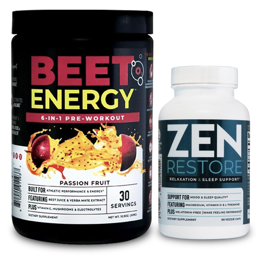 Nutrology Beet Natural O2, Pre Workout Powder, Energy, Endurance & Nitric Oxid Booster mit Rübenpulver, Passion Fruit Flavor (30 Servierungen) Zen Natural Magnesium Supplement (30 Servierungen)