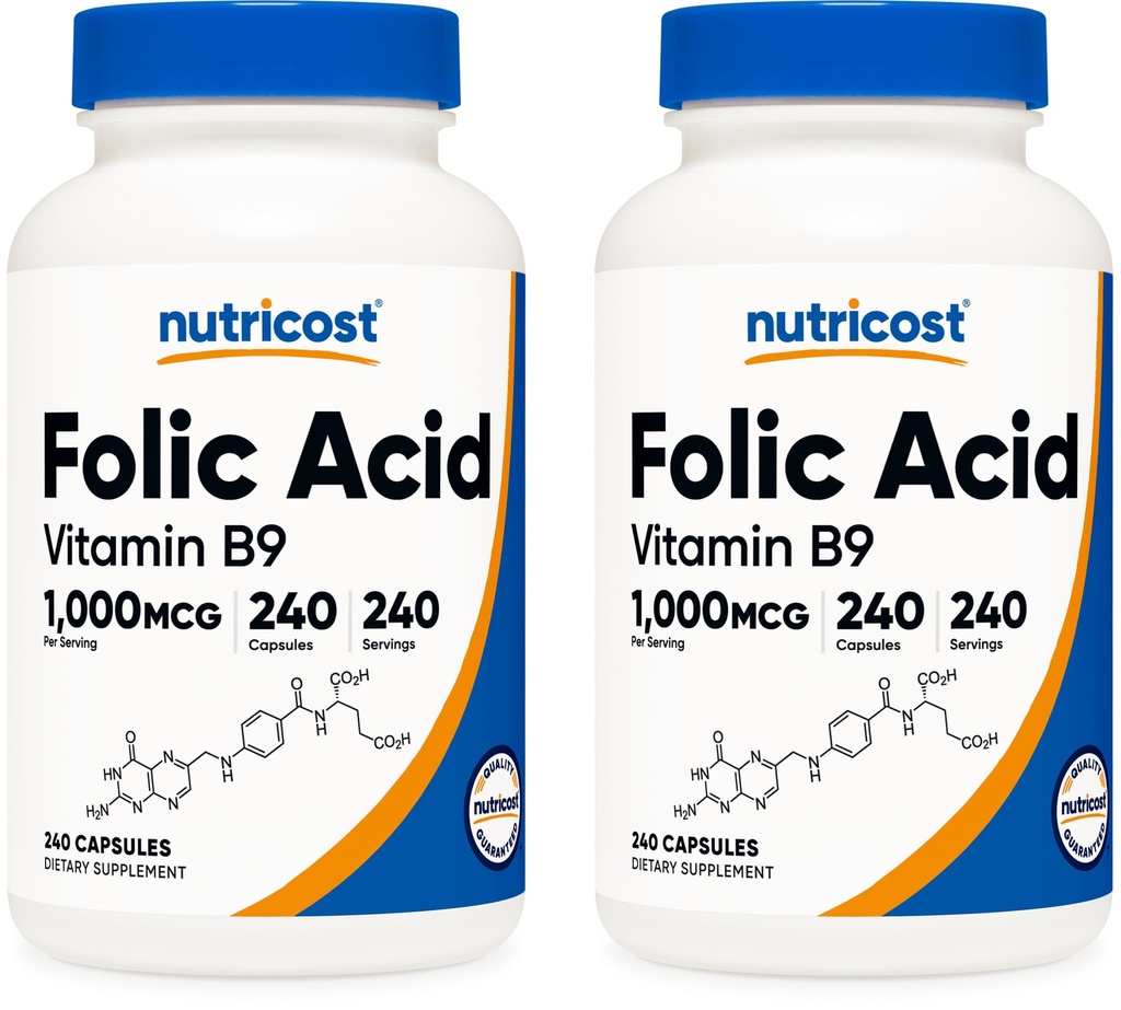 Acide folique Nutricost (vitamine B9) 1000 mcg, 240 capsules (2 bouteilles)