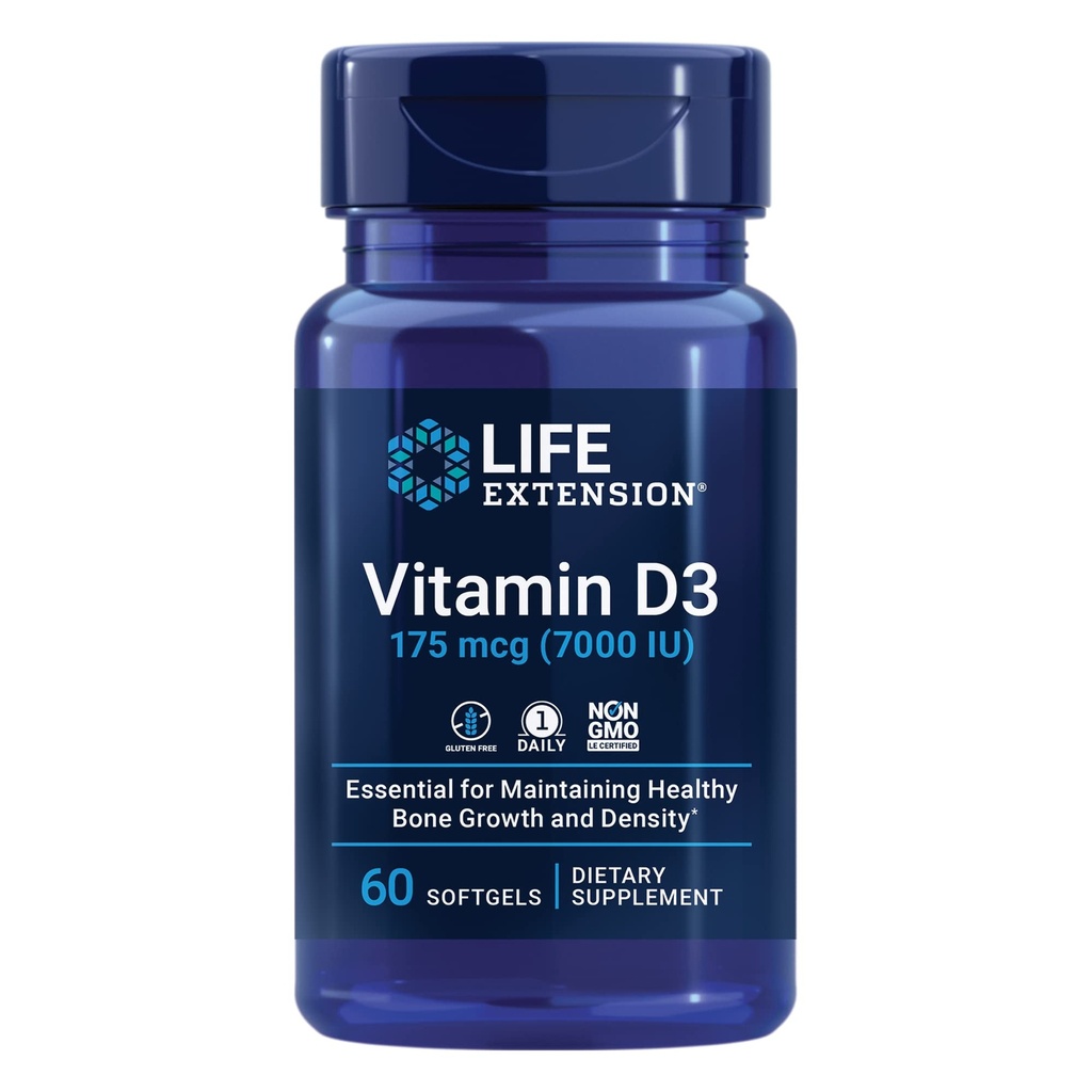 Life Extension Vitamin D3 175 mcg (7000 IU), Immunsystemunterstützung, Knochengesundheit, Gehirnleistung, Glutenfrei, Non-GMO, Einmal täglich, Zwei-Monat-Versorgung, 60 Softgele