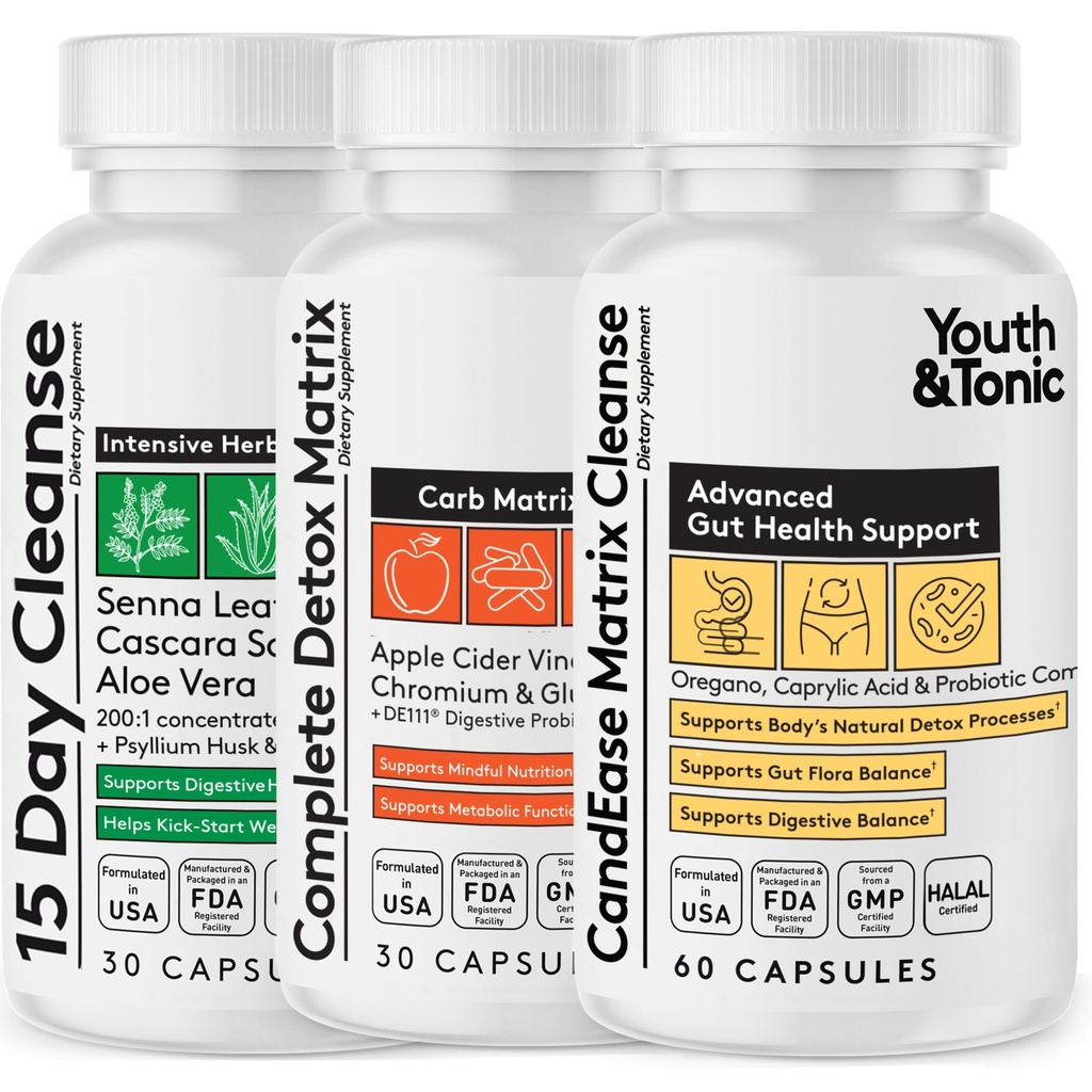 CandEase Matrix Pillen & Colon Cleanser & Complete Detox Matrix Fast Kit Bundle 3pk | Caprylic Acid Oregano Protease & Cellulase Enzyme Laxatives ACV Chromium & 100 Bil CFU/g Verdauungsprobiotik
