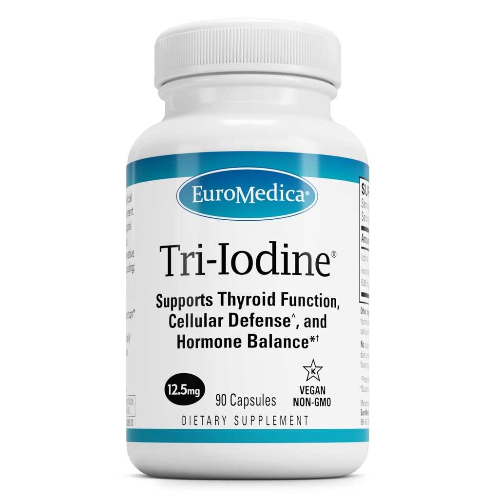 EuroMedica Tri-Iodine - Unterstützung Schilddrüsengesundheit - Aids Hormon Balance mit molekularem Jod von Kelp - Eigenschaften Kalium-Iodid & Natrium-Iodid - Gehirn & Energie-Unterstützung - 12.5mg, 90 Kapseln