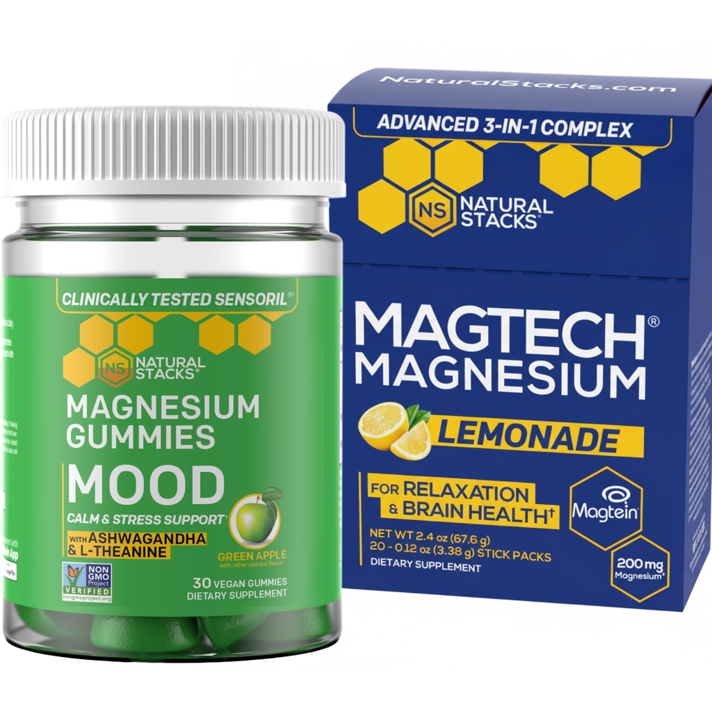 STACKS NATURELS Magtech Magnesium Drink Mix + Mood Magnesium Gommies Bundle - 4 formes de magnésium - Santé cérébrale, relaxation et soutien au stress* - 35 portions