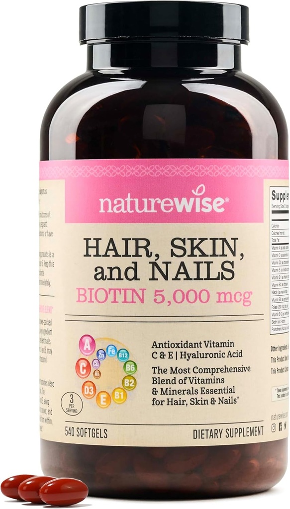 NatureWise Hair Skin and Nails Vitamin, Biotin 5000mcg w/Hyaluronsäure, Kollagen für Frauen mit C, B Complex, D3, A, E, Eisen - Non-GMO, Glutenfrei - 540 Softgels[6-Monat Versorgung]