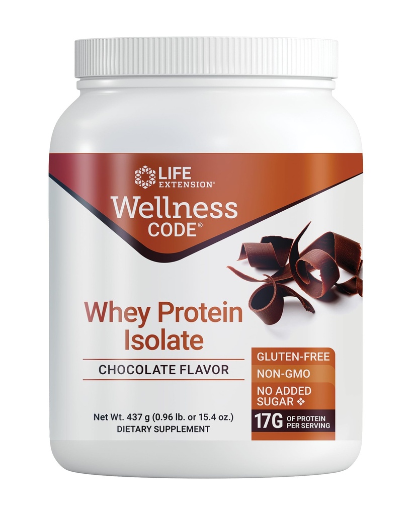 Life Extension Wellness Code® Whey Protein Isolate (Chocolate), Protéines et acides aminés ramifiés pour la croissance musculaire et la santé immunitaire, sans sucre ajouté, sans gluten, sans OGM, 437 Grams, 20 portions