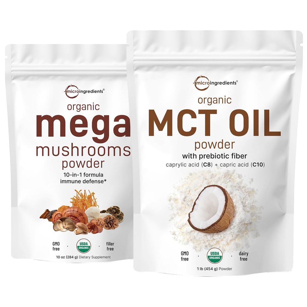 Micro Ingrédients Bio Mega Poudre de Champignons 10oz et Bio Poudre d'huile MCT 1lb Bundle 2 Pack Huile, crème végétale