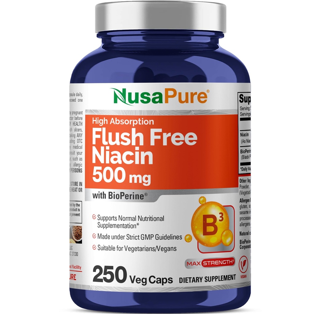 NusaPure Flush Free Niacin 500mg 250 capsules (Vegan, non-OGM et végétalien) Biopérine