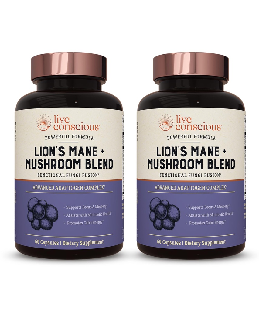 Live Conscious Lions Mane Mushroom Supplement Kapseln für Gehirnunterstützung w/Lion's Mane, Cordyceps, Reishi und Türkei Tail Mushrooms - Kognitive Memory Supplement für Gehirn (2-Pack)