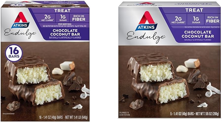 Atkins Endulge Chocolate Coconut Bar 16 Count & 5 Count Bundles, Dessert Favorit mit Schokolade und Kokosnuss Flavors, High in Fiber, 1g Zucker pro Servierung