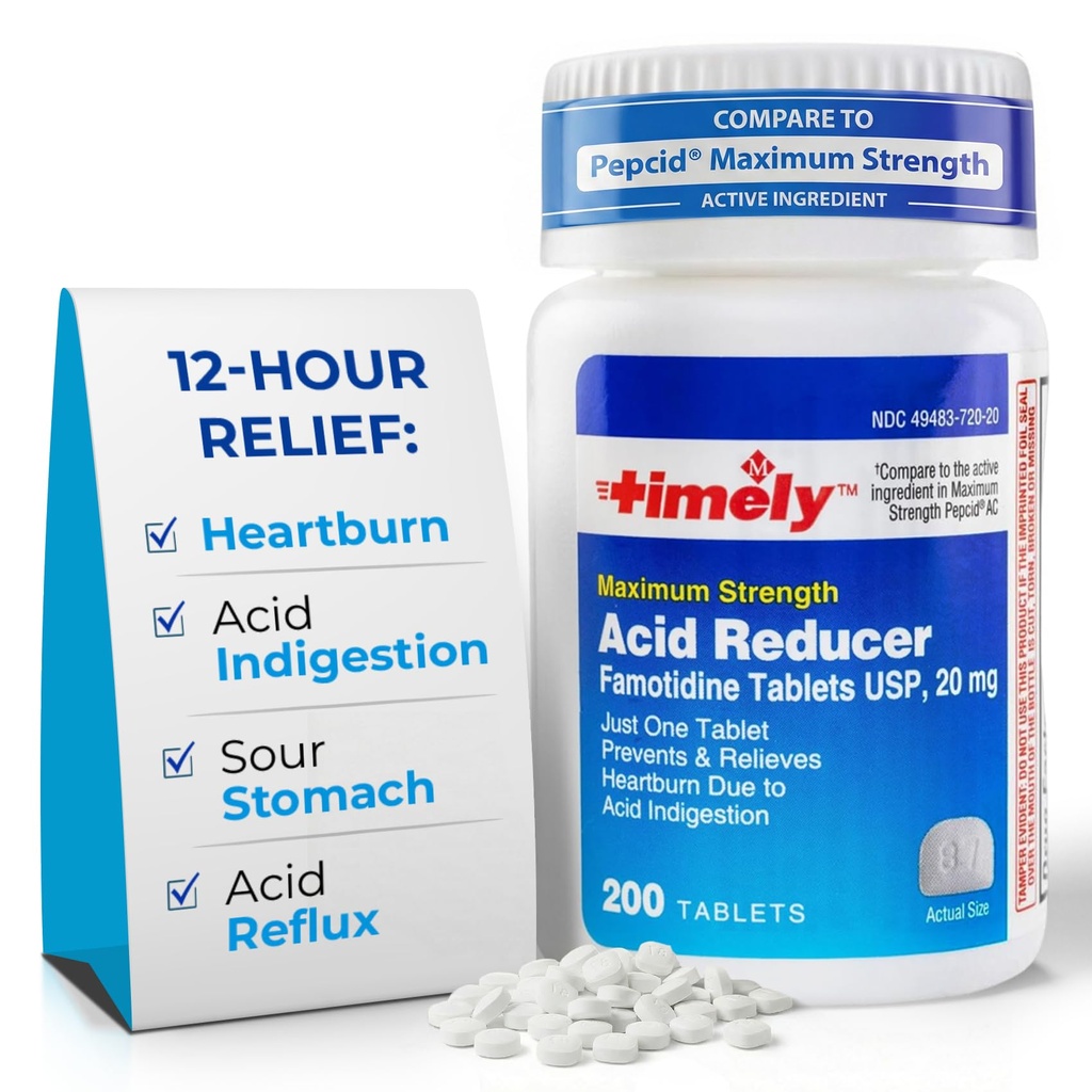 Timely Acid Reducer Famotidin 20mg - Anatcid Acid Reflux Medicine for Heartburn Relief and Acid Indigestion Symptoms - 200 Tabletten
