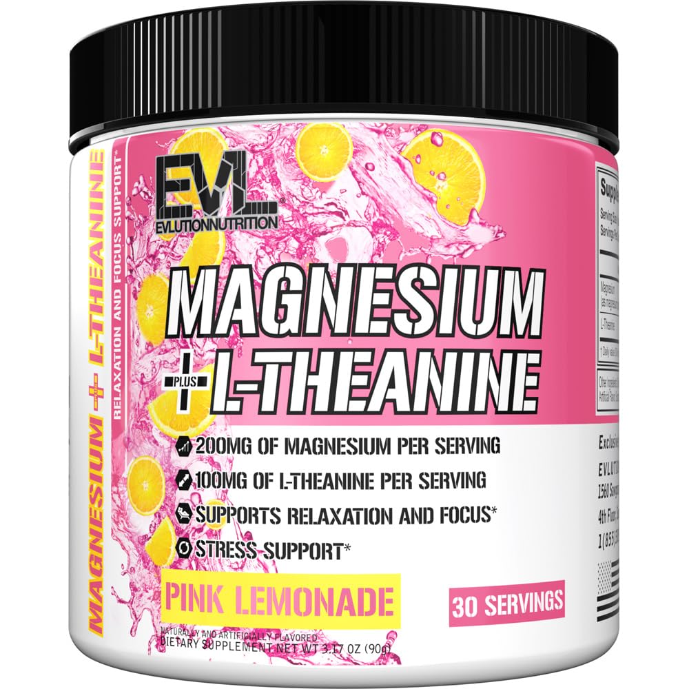 Évlution Nutrition Magnésium + L-Theanine - Relaxation naturelle & Focus Support - 200mg Magnésium + 100mg L-Theanine - Vegan & Non-OGM - Supplément alimentaire en poudre - 30 portions - Cimonade rose
