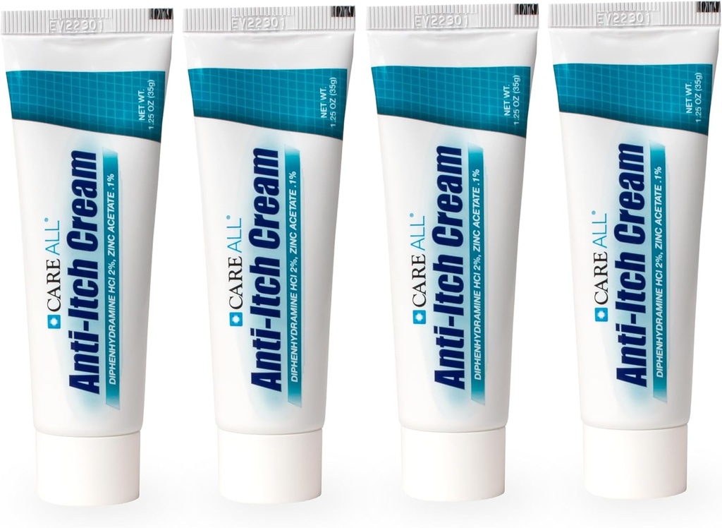 CareAll Anti-Itch Cream 1.25oz (4 Pack) Histamin Blocking, Diphenhydramin HCI 2% topische Analgetik & Zink-Azessat 0.1% Hautschutz für temporäre Schmerzen und Itch Relief von Common Outdoor Itches
