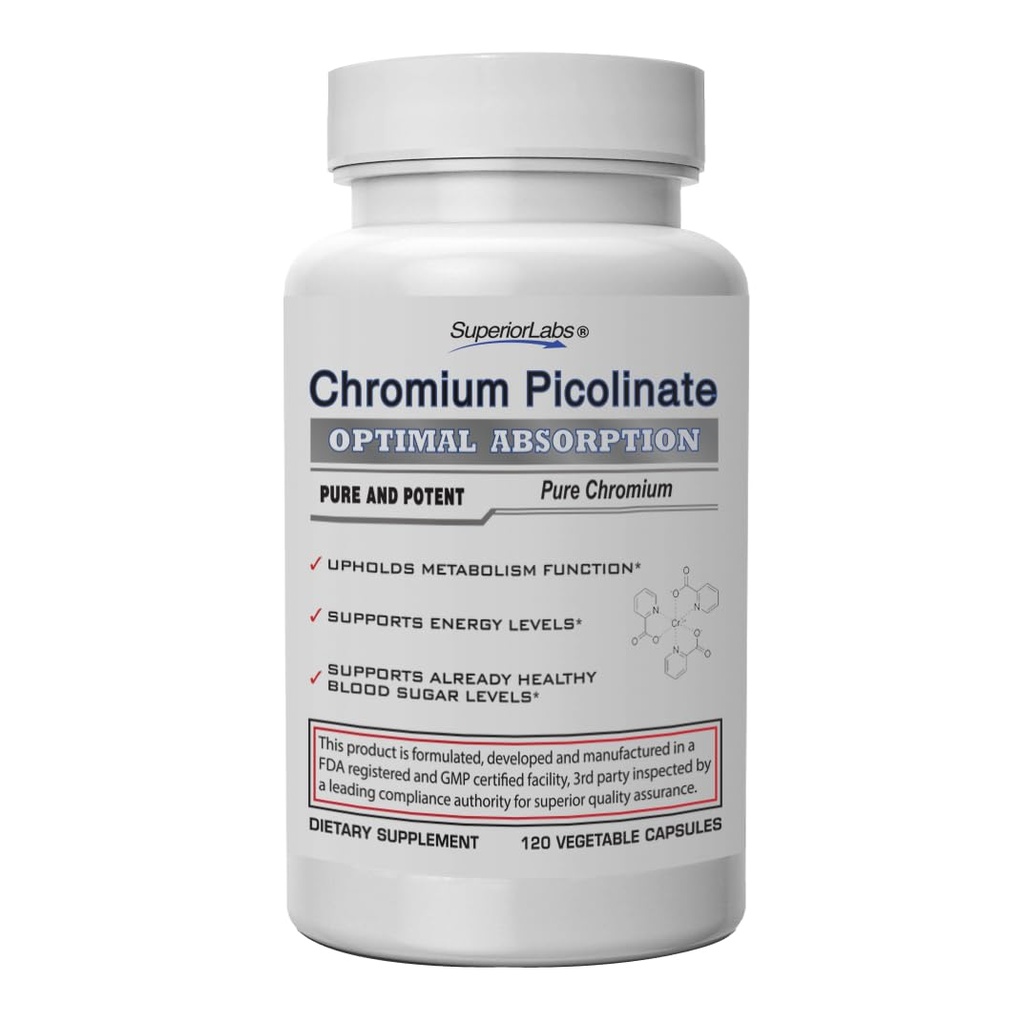 Superior Labs Chromium Picolinate 500mcg, hohe Absorption, Non-GMO, Blutzucker & Stoffwechsel Unterstützung, Gewicht und Lebensmittel Craving Management, Hilft Energie & Insulin Empfindlichkeit, 120 Veg Caps