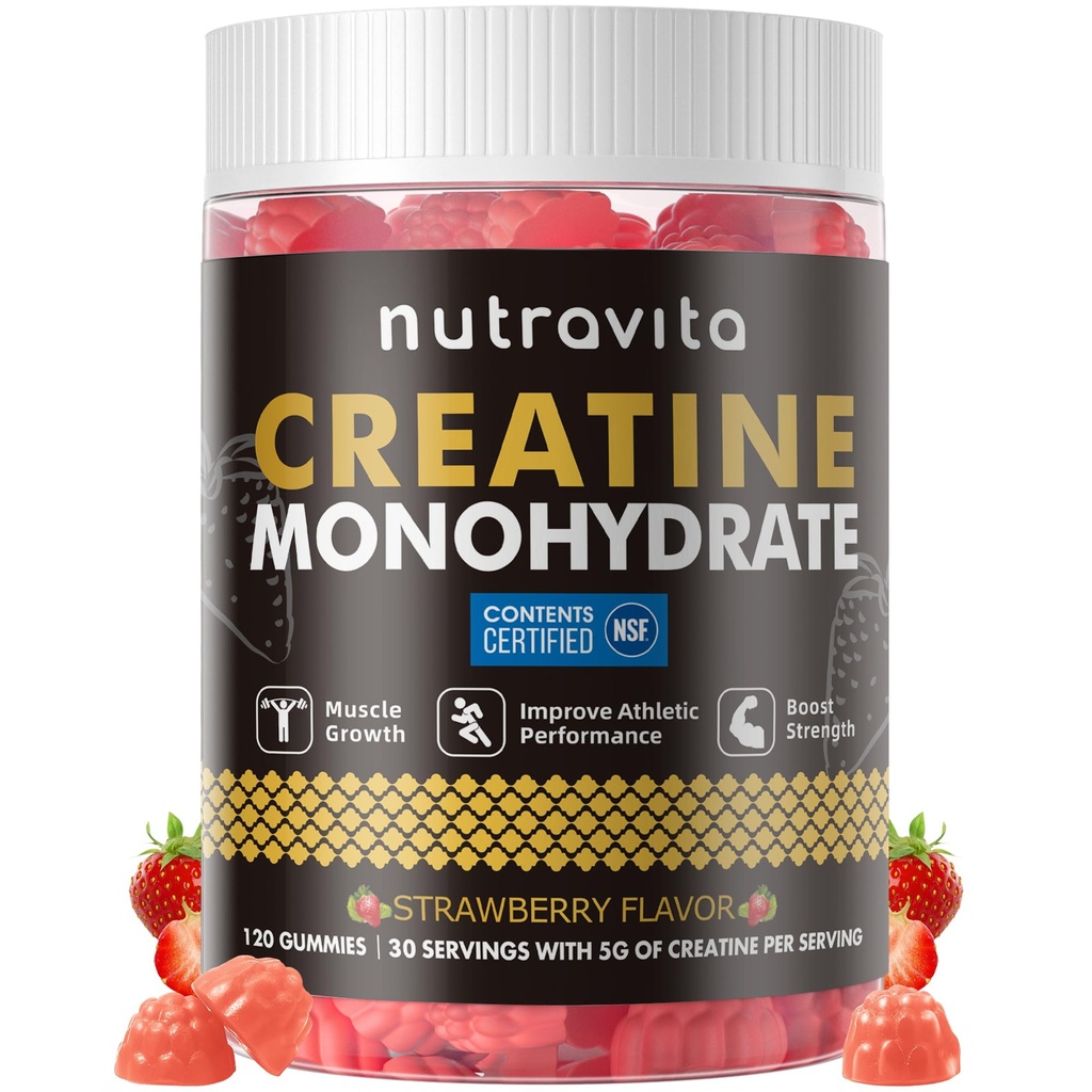 Nutravita Gummy Créatine certifié NSF - Gummes monohydratés créatine pour les hommes et les femmes-5g de monohydrate de créatine par portion - sans sucre, végétalien, goût de fraise, 120 comte