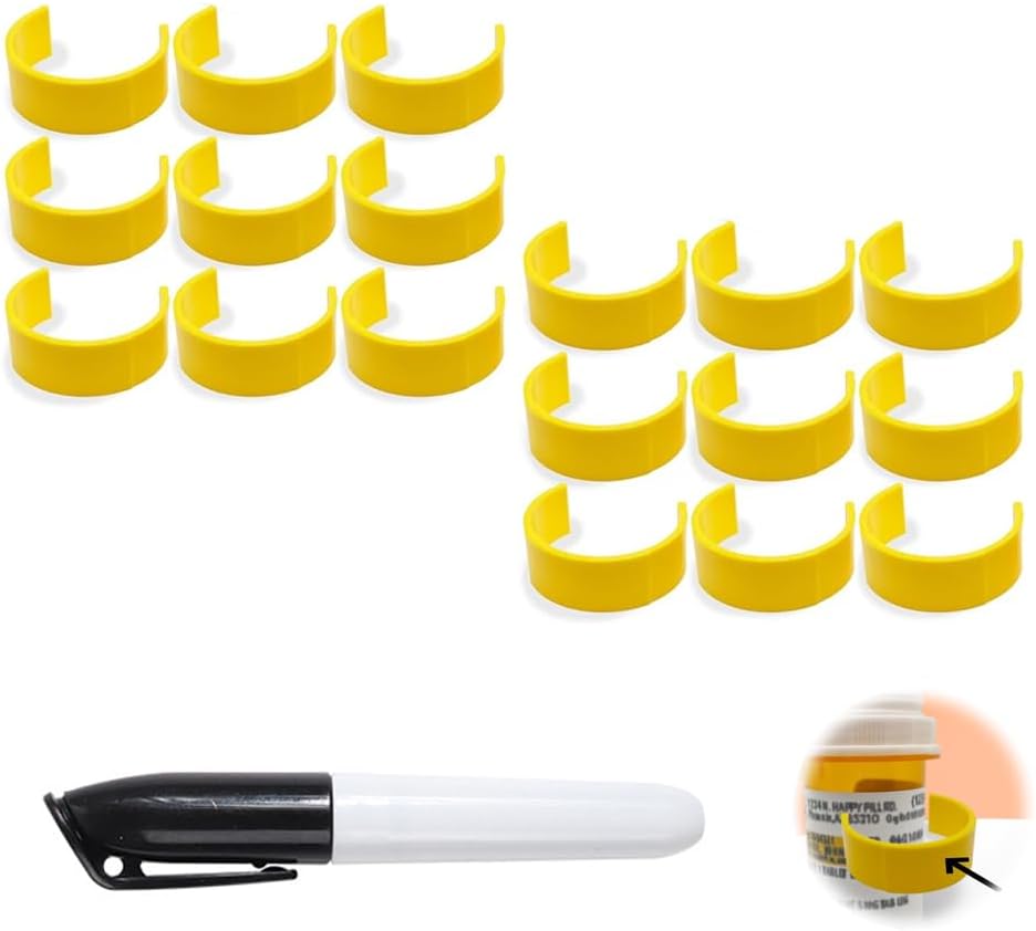 Clips pour bouteilles de pilules, Clips d'étiquettes de bouteilles de médicaments pour l'identification facile des médicaments - Emballage avec marqueur, étiquettes (18pcs)