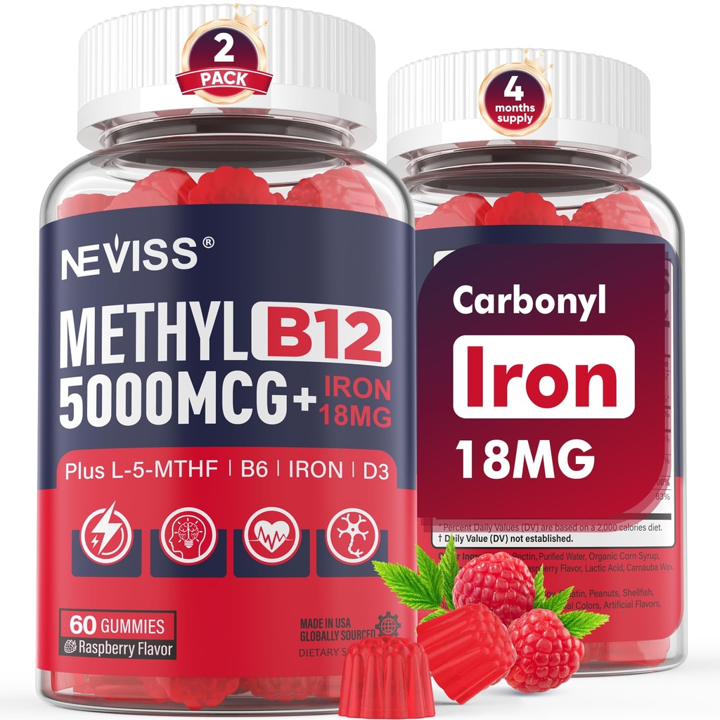 NEVISS Methyl B12 Vitamine 5000 mcg Gummie + Eisen 18 mg für Damen - Aktive Methylcobalamin Methylierte B12 Vitamin-Ergänzung w/L-MethylFolate, B6 (P5P) & D3 für Energie & Fokus-Unterstützung, 120 Portionen