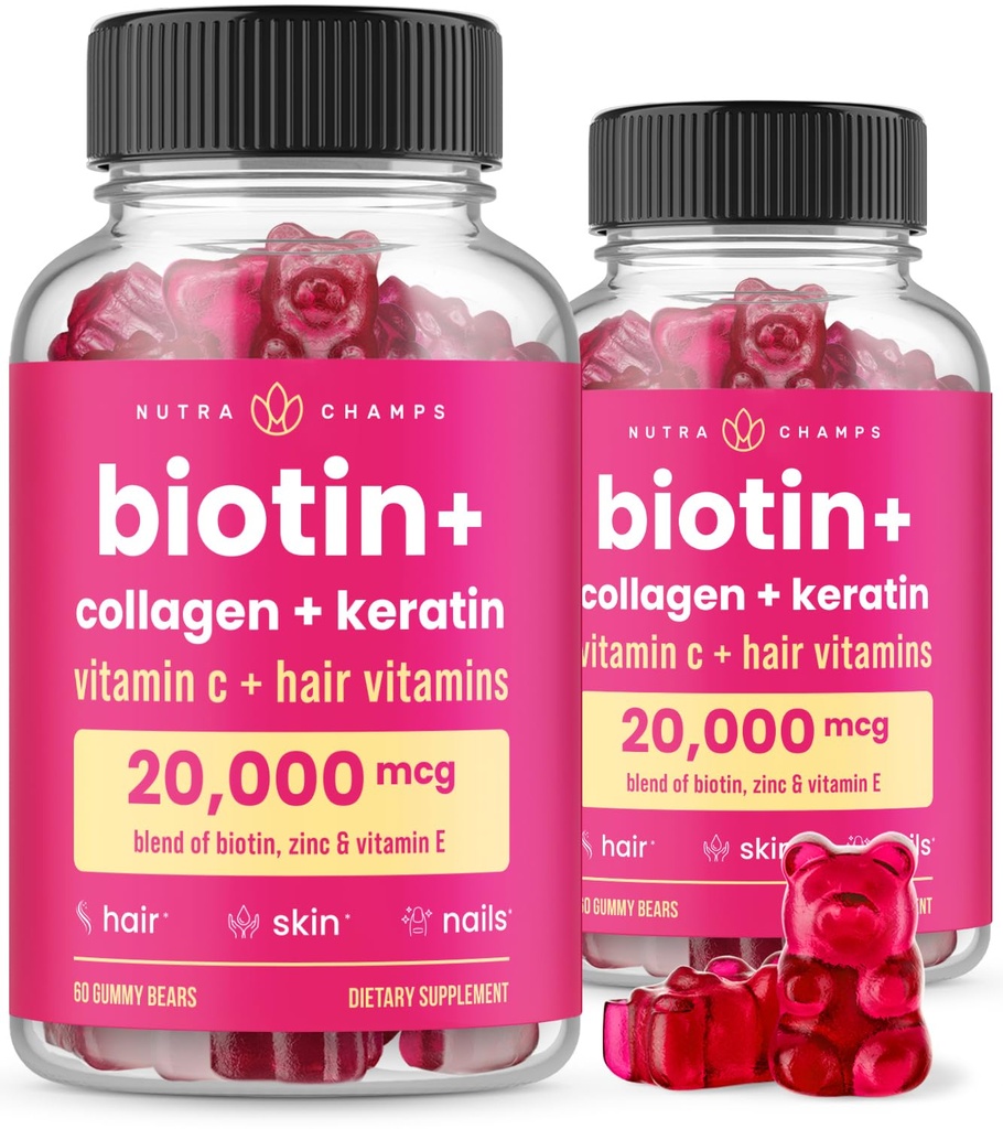 NutraChamps Peau et ongles Gommies, Biotine avec collagène et kératine, Complexe beauté de la biotine 5000mcg, Supplément vitamine, Berry, 120 comte, cheveux sains, peau radiante et ongles forts (paquet de 2)