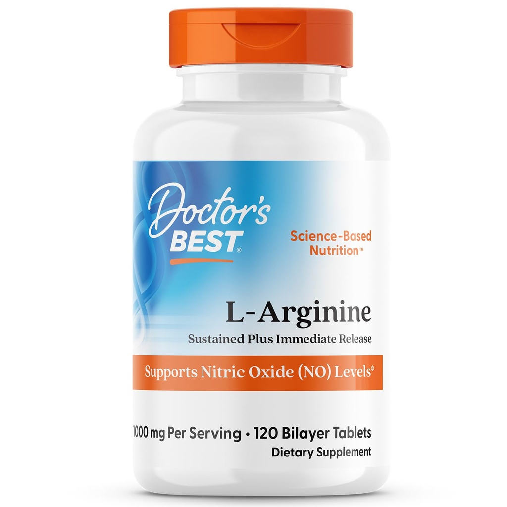 Doctor's Best L Arginine Supplement für Männer und Frauen - L-Arginin 1000 mg pro Servierung, unterstützt Nitric Oxide (NO) Levels, Sustained Plus Sofortfreisetzung - 120 Bilayer Tabletten