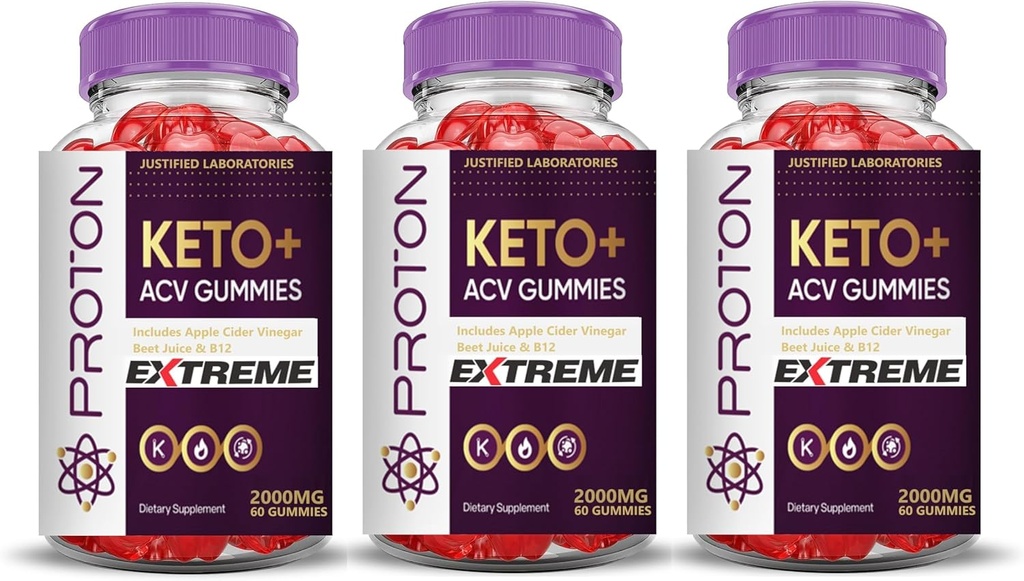Justified Laboratories (3 Pack Proton Protein Keto ACV Gummies Extreme 2000MG Proton Keto Gummies Apfel Apfelessig Formuliert mit Granatapfelsaft Pulver B12 Vegan Non GMO 180 Gummys