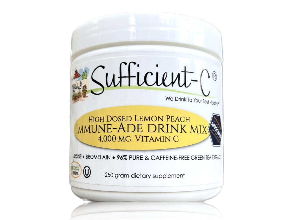 Sufficient-C High-Dosed 4000 mg. Vitamin C Lemon Peach Immun-Ade Drink Mix 250 Gramm Größe - Refreshing mit sehr dosiertem L-Lysin, Bromelain & 96% Pure, Koffeinfreier Grüner Tee Extrakt