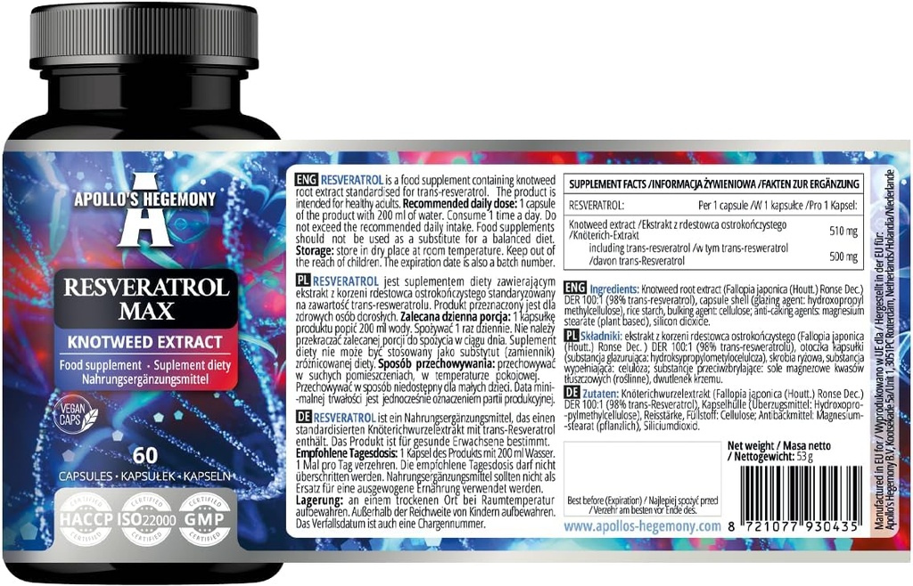 APOLLO'S HEGEMONY Resveratrol Max - 500 mg pro Kapsel - 60 Vegan Kapseln - Hohe Reinheit 98% Extrakt - Unterstützt Kreislaufgesundheit - Natürliches Antioxidans - Nahrungsergänzungsmittel