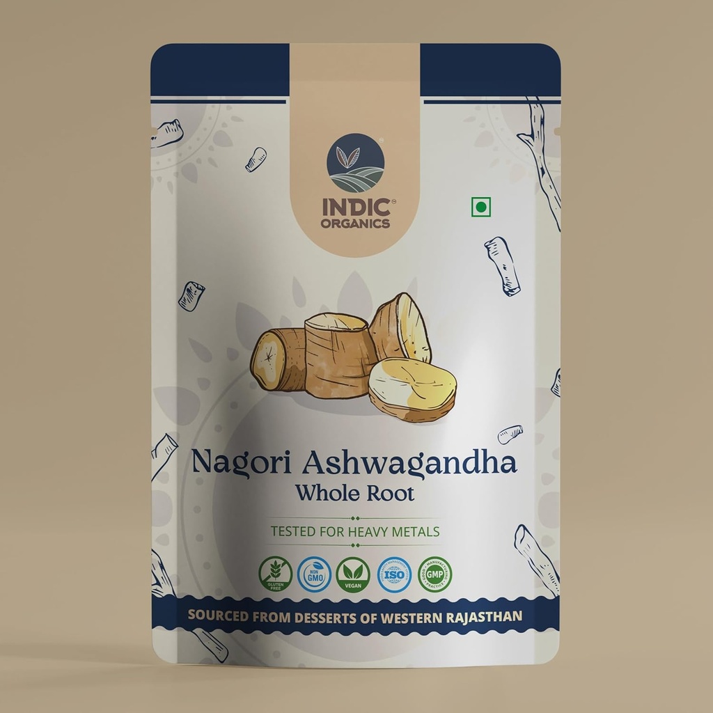 INDIC ORGANICS Nagori Ashwagandha Root | Antike Vedic-Era-Strecke mit hoher Potenz | Getestet für Heavy Metals | Non-GMO | Aus Wüsten von Western Rajasthan, Indien (Whole Root, 250 Grams)
