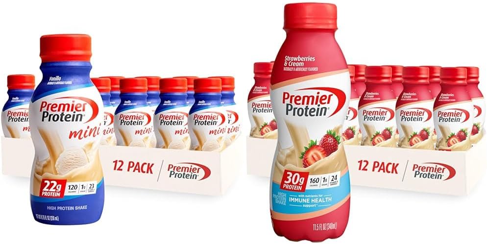Premier Protein Shake Minis Vanilla 22g Protein 120 Calories Pack de 12 et fraises Premier Protein Shake 30g Protein 160 Calories Pack de 12