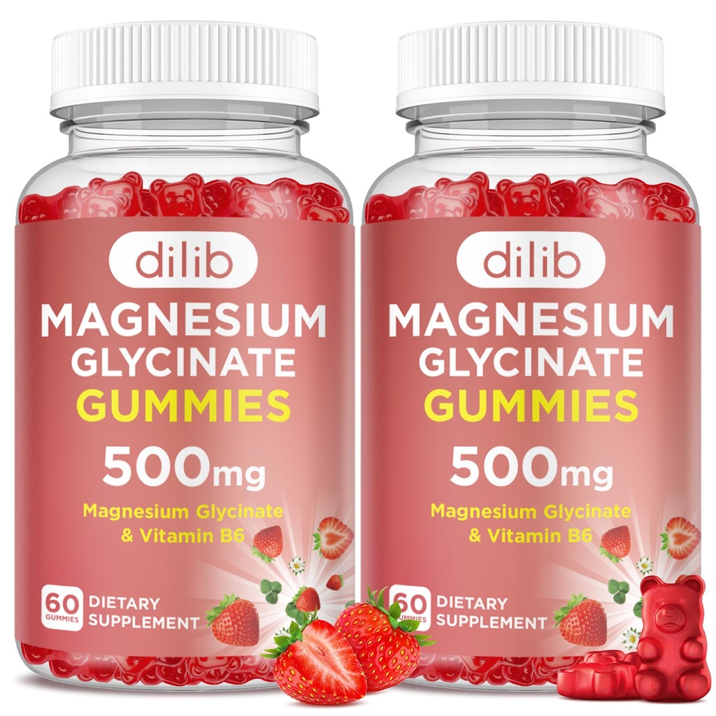 Magnesium Glycinate Gummis 500mg für Erwachsene & Kinder Magnesium Supplement mit Vitamin B6-Natural Calm Gummis-Calm-Mood, Muskel & Schlaf Unterstützung-Strawberry Flavor, 120 Gummis