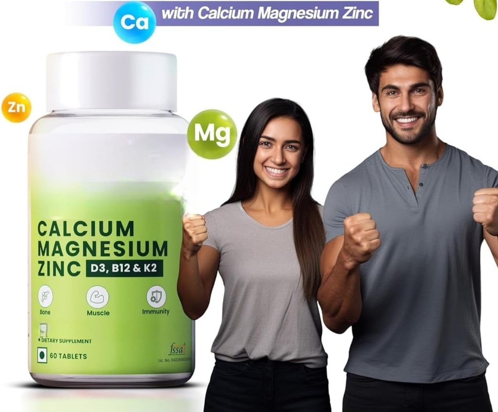 Calcium, Magnesium, Zink mit Vitamin D3 & B12, 1000mg I 60 Veg Tabletten|Support Starke Gelenke Gesundheit |für beide Männer & Frauen, 1 Count, 60 Kapseln