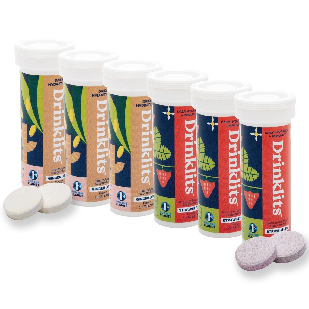Drinklits Ginger-Lime Elektrolyt Hydration & Erdbeer Immunität Tablets (6) Tube Combo Pack | Großer Geschmack – Glutenfrei – Tägliche Verwendung | 60 Portionen (10 Tabletten pro Tube)