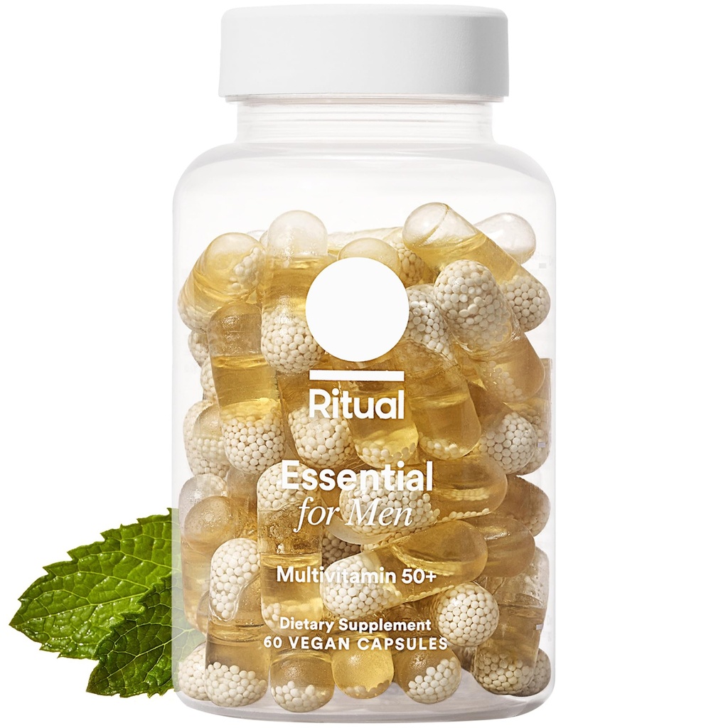 Multivitamine rituelle pour hommes 50+, végétalien, avec zinc, vitamine A et D3 pour le soutien de la fonction immunitaire*, Omega-3 DHA, B12, K2, sans gluten, sans OGM, sans menthe, approvisionnement de 30 jours