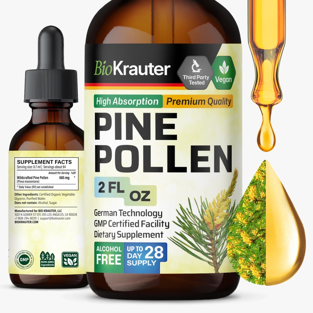 BIO KRAUTER Pine Pollen Tincture - Pine Pollen Pulver Flüssiger Extrakt für Immununterstützung - Alkohol & Zucker freie natürliche Kräuterergänzung - 2 Fl.Oz.