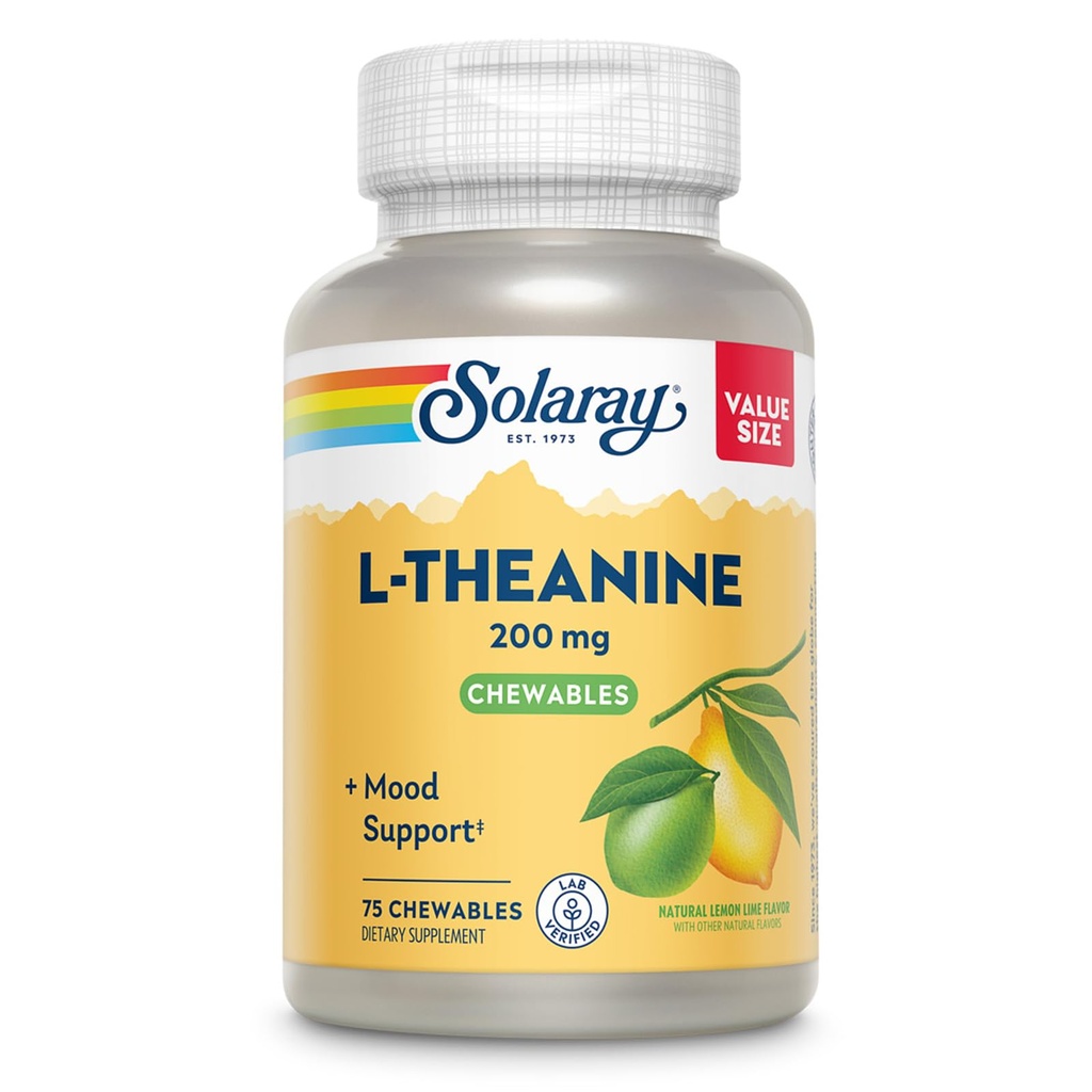 SOLARAY L Theanin 200mg, Mood Support Supplement mit Vitamin B6 - Beruhigende Unterstützung bei gelegentlichem Stress - Natürlicher Zitronenkalkgeschmack - 60-Tage-Garantie, Labor verifiziert - 75 Portionen, 75 Kauwaren