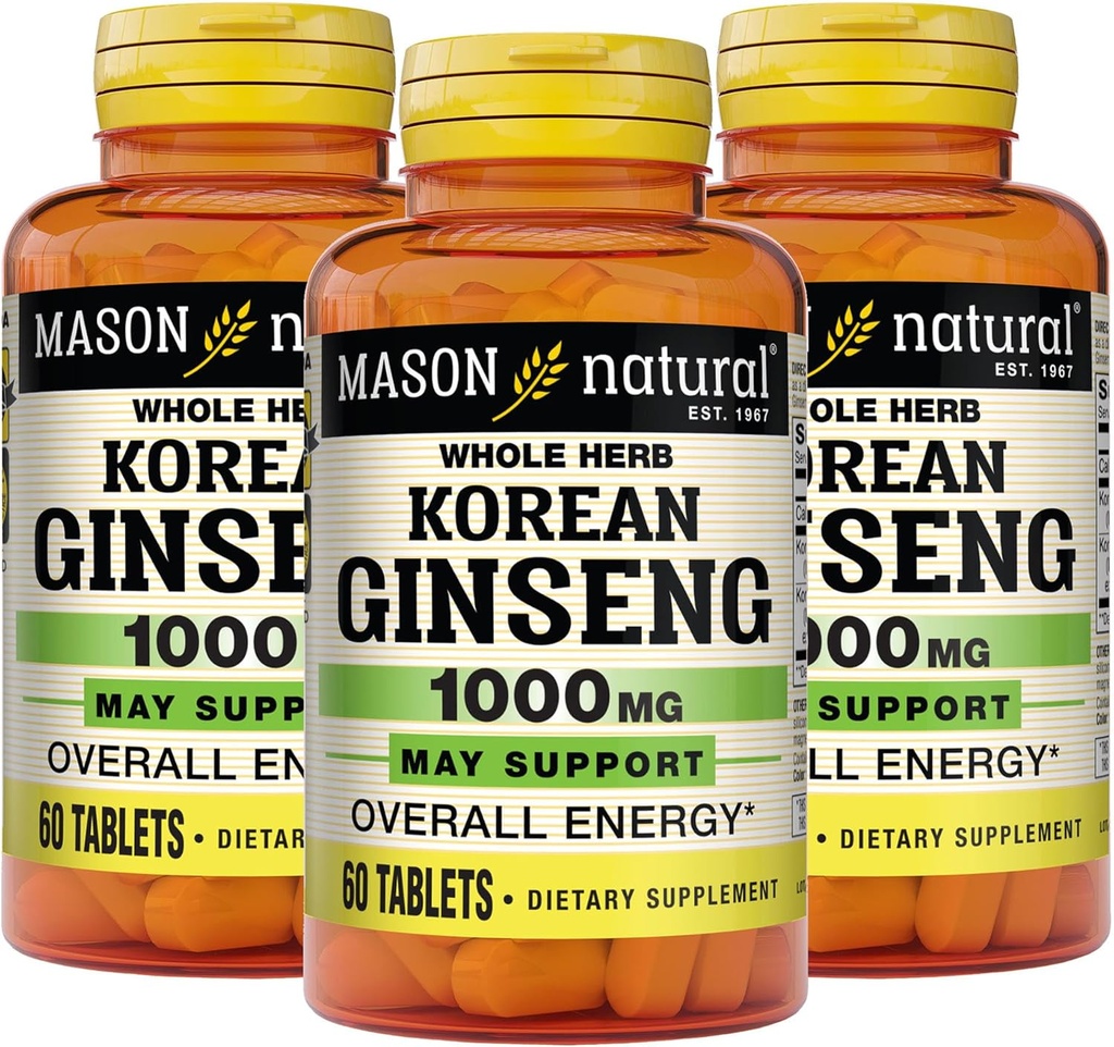 MASON NATURAL Korean Ginseng 1.000 mg, unterstützt Energie, Ausdauer & Vitalität, 60 Tabletten, Packung von 3