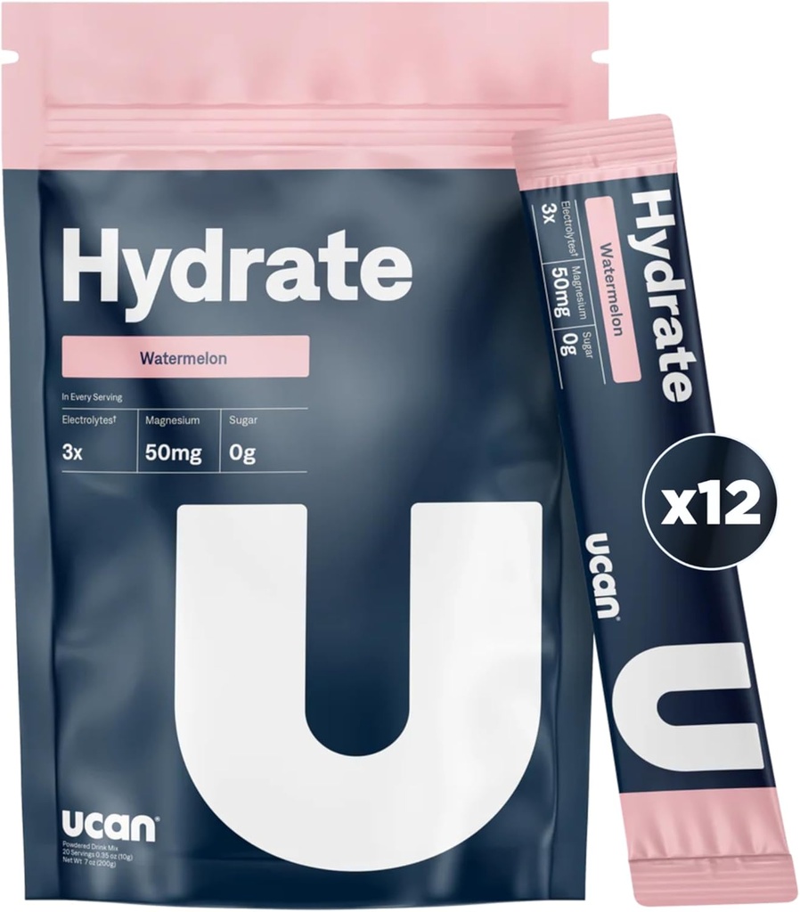 Mélange de boissons électrolytiques hydratantes UCAN (Watermelon, 12 Stickpacks) sans sucre, kéto-friendly, végétalien, non-OGM, poudre d'électrolyte sans gluten avec potassium et magnésium pour les coureurs et les athlètes
