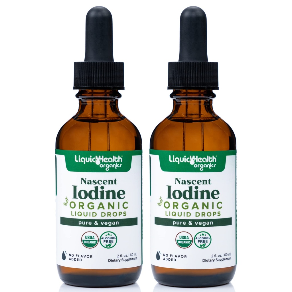 LIQUIDHEALTH USDA Organic Nascent Iodine Liquid Drops, Pure Iodine Ergänzung für Schilddrüse und Immununterstützung, Energieergänzung - Made in USA, Vegan, farblos, Geschmackslose Tincture (2 Pack)